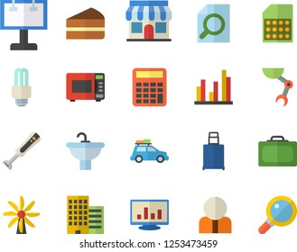 Color flat icon set sink flat vector, skyscraper, microwave, blender, piece of cake, windmill, SIM card, store front, billboard, person, computer chart, statistic, magnifier, robot hand, calculator