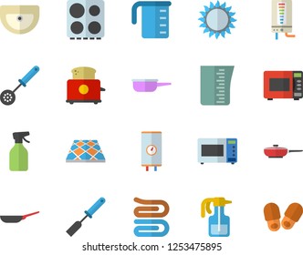 Color flat icon set sink flat vector, flooring, boiler, frying pan, saute, meashuring cup, kitchen spatula, spoon, towel, electric stove, gas, microwave, toaster, pulverizer, slippers fector