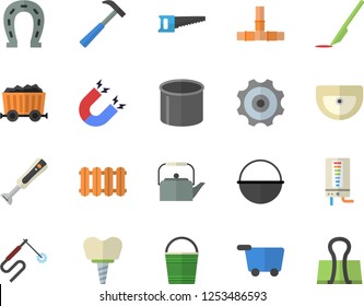 Color flat icon set sink flat vector, pipes, heating batteries, hammer, boiler, cauldron, teapot, blender, horseshoe, saw, bucketful, pipe production, welding, mining, scalpel, implant, magnet