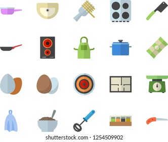 Color flat icon set sink flat vector, house layout, saucepan, frying pan, saute, weighing machine, apron, whisk, towel, knives, electric stove, induction cooker, spice, egg, spaghetti, on a fork