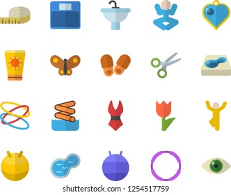 Color flat icon set sink flat vector, tulip, butterflies, pond, pool, weighing machine, centimeter, fitball, swimsuit, yoga, gymnastics, hoop, sun protection cream fector, aquapark, slippers, eye