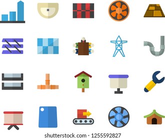 Color flat icon set sink flat vector, pipes, tile, flooring, cutting board, nesting box, ventilation, power line support, conveyor, wrench, chart, flipchart, meeting, paper tray, tent fector