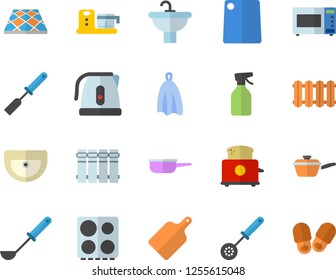 Color flat icon set sink flat vector, flooring, heating batteries, saute, electric kettle, ladle, kitchen spatula, spoon, towel, cutting board, stove, microwave, toaster, food processor, pulverizer
