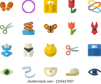 Color flat icon set sink flat vector, tulip, butterflies, weighing machine, centimeter, waistline, fitball, swimsuit, yoga, hoop, aquapark fector, slippers, scissors, eye