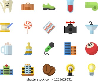 Color flat icon set sink flat vector, skyscraper, lollipop, coffee beans, paint brush, main pipeline, pill packaging, blood test, broken tooth, hostory roll, sneakers, bowling ball, sport bag, hotel
