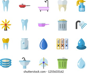 Color flat icon set sink flat vector, shower, frying pan, saute, plates, pulverizer, windmill, drop, glass bottles, tooth, caries, dental crowns, folders for papers, trash can