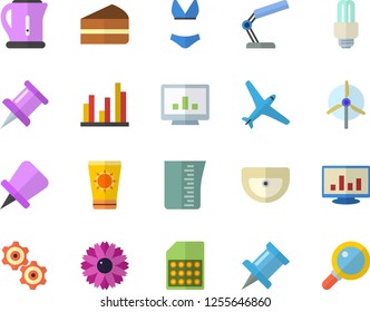 Color flat icon set sink flat vector, meashuring cup, electric kettle, piece of cake, flower, SIM card, drawing pin, computer chart, statistic, reading lamp, energy saving fector, cogwheel, windmill
