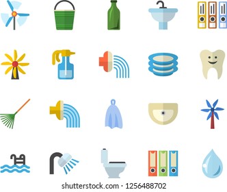 Color flat icon set sink flat vector, toilet, shower, towel, plates, windmill, pulverizer, rake, bucketful, hose irrigation, glass bottles, tooth, folders for papers, pool, drop