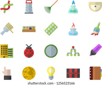 Color flat icon set sink flat vector, skyscraper, tile, spice, sieve, grater, spaghetti on a fork, ladybird, paint brush, rake, marker, pill packaging, DNA, moon, gas burner, classification, lamp