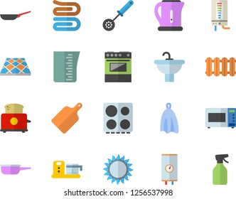 Color flat icon set sink flat vector, flooring, heating batteries, boiler, frying pan, saute, meashuring cup, electric kettle, kitchen spoon, towel, cutting board, stove, gas, microwave, toaster