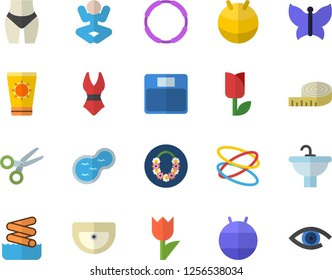 Color flat icon set sink flat vector, tulip, butterflies, pond, weighing machine, centimeter, waistline, fitball, swimsuit, yoga, hoop, sun protection cream fector, hawaiian wreath, aquapark, eye