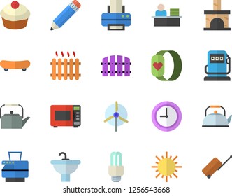 Color flat icon set sink flat vector, teapot, microwave, cupcake, fence, sun, fireplace, refueling, radiator, clock, office worker, printer, pencil, copy machine, energy saving lamp fector, windmill