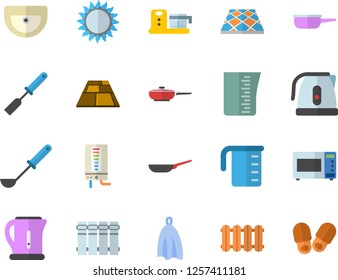 Color flat icon set sink flat vector, flooring, heating batteries, boiler, frying pan, saute, meashuring cup, electric kettle, ladle, kitchen spatula, towel, gas, microwave, food processor