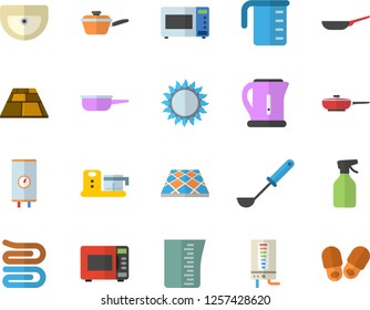 Color flat icon set sink flat vector, flooring, boiler, frying pan, saute, meashuring cup, electric kettle, ladle, towel, gas, microwave, food processor, pulverizer, slippers fector