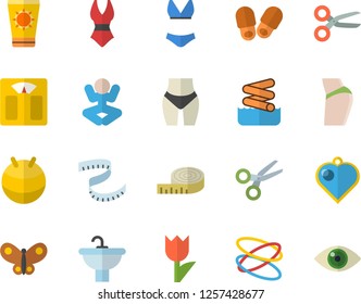 Color flat icon set sink flat vector, tulip, butterflies, weighing machine, centimeter, buttocks, waistline, fitball, swimsuit, yoga, hoop, sun protection cream fector, aquapark, slippers, scissors