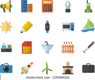 Color flat icon set sink flat vector, skyscraper, microwave, blender, sun, fireplace, windmill, SIM card, radiator, sailboat, ink pen, telephone, office worker, pencil, rocket, calculator, camera