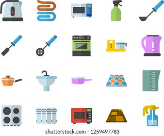 Color flat icon set sink flat vector, flooring, heating batteries, saute, meashuring cup, electric kettle, ladle, kitchen spatula, spoon, towel, stove, microwave, food processor, pulverizer