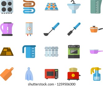 Color flat icon set sink flat vector, flooring, heating batteries, boiler, saute, meashuring cup, electric kettle, ladle, kitchen spatula, towel, cutting board, stove, microwave, toaster, pulverizer