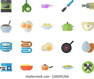 Color flat icon set sink flat vector, saucepan, saute, teflon, potholder, kitchen spatula, towel, electric stove, coffee machine, plates, egg, spaghetti on a fork, porridge, scrambled eggs