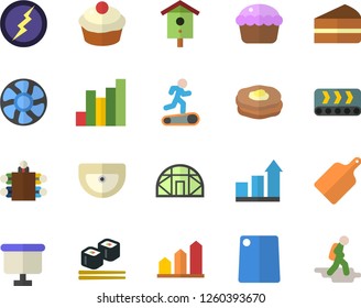 Color flat icon set sink flat vector, cutting board, cupcake, piece of cake, fish rolls, pancakes, nesting box, greenhouse, ventilation, conveyor, chart, flipchart, meeting, lightning, achievement