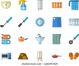 Color flat icon set sink flat vector, flooring, heating batteries, boiler, frying pan, saute, meashuring cup, ladle, kitchen spatula, spoon, towel, cutting board, gas, microwave, pulverizer