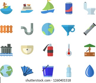 Color flat icon set sink flat vector, toilet, pipes, level meter, heating batteries, temperature, lemonade, well, bucketful, hydroelectric power station, funnel, sailboat, water, earth fector, drop