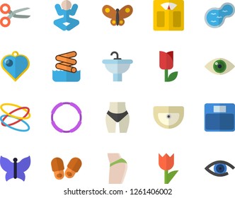 Color flat icon set sink flat vector, tulip, butterflies, pond, weighing machine, buttocks, waistline, yoga, hoop, aquapark fector, slippers, heart pendant, scissors, eye