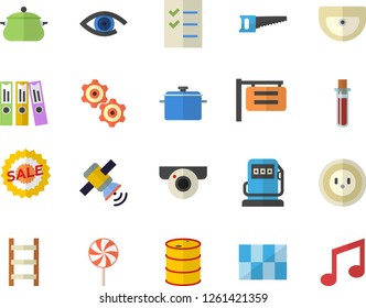 Color flat icon set sink flat vector, tile, saucepan, lollipop, saw, ladder, refueling, oil tanks, socket, signboard, sell out, blood test, folder, to do list, satellit, cogwheel, eye, note