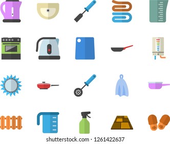 Color flat icon set sink flat vector, flooring, heating batteries, boiler, frying pan, saute, meashuring cup, electric kettle, kitchen spatula, spoon, towel, cutting board, stove, gas, pulverizer