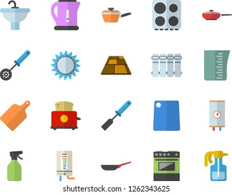 Color flat icon set sink flat vector, flooring, heating batteries, boiler, frying pan, saute, meashuring cup, electric kettle, kitchen spatula, spoon, cutting board, stove, gas, toaster, pulverizer