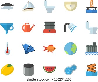 Color flat icon set sink flat vector, toilet, shower, double boiler, temperature, fish, lemon, watermelon, watering can, pond, oil production platform, hydroelectric power station, pipe, funnel