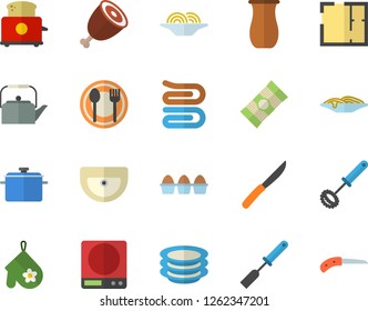 Color flat icon set sink flat vector, house layout, saucepan, weighing machine, teapot, potholder, kitchen spatula, whisk, towel, knives, toaster, table setting, jugful, plates, spaghetti, egg, ham