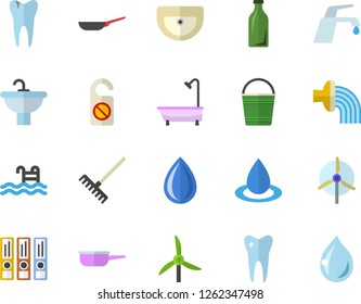 Color flat icon set sink flat vector, shower, faucet, frying pan, saute, rake, bucketful, hose irrigation, windmill, drop, glass bottles, tooth, caries, folders for papers, pool