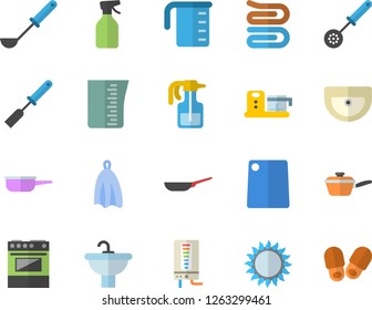 Color flat icon set sink flat vector, boiler, frying pan, saute, meashuring cup, ladle, kitchen spatula, spoon, towel, cutting board, electric stove, gas, food processor, pulverizer, slippers fector