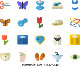 Color flat icon set sink flat vector, tulip, butterflies, pond, pool, weighing machine, centimeter, buttocks, waistline, swimsuit, yoga, hoop, slippers fector, heart pendant, scissors, eye