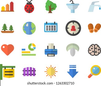 Color flat icon set sink flat vector, faucet, mushroom, tree, ladybird, fence, sun, earth, forest, signboard, target audience, statistics, calendar, heart, printer, brain, achievement chart