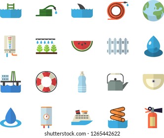 Color flat icon set sink flat vector, boiler, teapot, watermelon, sprinkling machine, hose, oil production platform, drop, radiator, water, earth fector, aquapark, pool, lifebuoy, cruise ship, shark