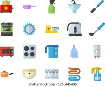 Color flat icon set sink flat vector, heating batteries, boiler, saute, meashuring cup, electric kettle, ladle, kitchen spatula, towel, stove, gas, microwave, toaster, food processor, pulverizer