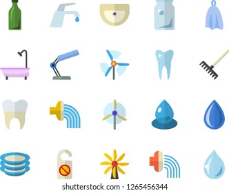 Color flat icon set sink flat vector, shower, faucet, towel, plates, rake, hose irrigation, windmill, drop, glass bottles, tooth, dental crowns, reading lamp, do not disturb fector