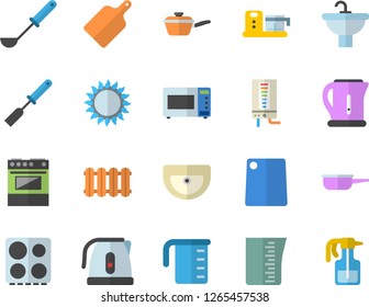 Color flat icon set sink flat vector, heating batteries, boiler, saute, meashuring cup, electric kettle, ladle, kitchen spatula, cutting board, stove, gas, microwave, food processor, pulverizer