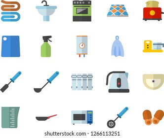 Color flat icon set sink flat vector, flooring, heating batteries, boiler, frying pan, meashuring cup, electric kettle, ladle, kitchen spatula, spoon, towel, cutting board, stove, microwave, toaster