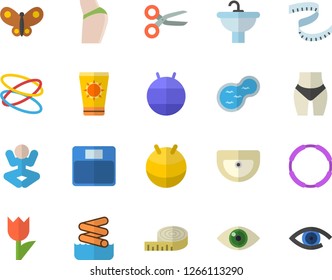 Color flat icon set sink flat vector, tulip, butterflies, pond, weighing machine, centimeter, buttocks, waistline, fitball, yoga, hoop, sun protection cream fector, aquapark, scissors, eye