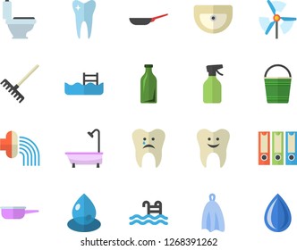 Color flat icon set sink flat vector, toilet, shower, frying pan, saute, towel, pulverizer, rake, bucketful, hose irrigation, drop, glass bottles, tooth, caries, windmill, folders for papers, pool