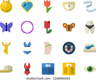 Color flat icon set sink flat vector, tulip, butterflies, pool, weighing machine, centimeter, buttocks, waistline, fitball, swimsuit, gymnastics, hoop, hawaiian wreath fector, heart pendant, eye