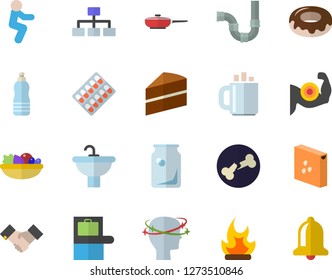 Color flat icon set sink flat vector, pipes, frying pan, cake, groats, donut, salad, bonfire, glass bottles, pill packaging, headache, bone fracture, coffee, agreement, classification, muscles, bell