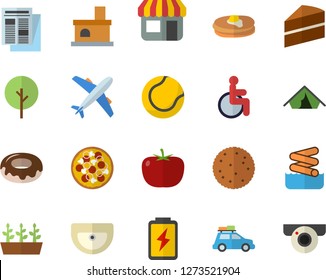 Color flat icon set sink flat vector, cake, tomato, biscuit, pancakes, pizza, donut, tree, seedlings, fireplace, battery, store front, news, disabled, tennis ball, car fector, aircraft, tent