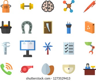 Color flat icon set sink flat vector, Entrance door, apron, groats, egg, windmill, horseshoe, metallurgy, trammel, billboard, phone call, molecules, to do list, pen, robot hand, brain, dumbbell