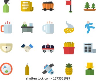 Color flat icon set sink flat vector, French fries, tea, pineapple, mustard, pulverizer, forest, mining, ambulance, stomach, coffee, document, office worker, agreement, satellit, Petri dish