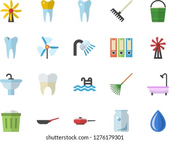 Color flat icon set sink flat vector, shower, frying pan, windmill, rake, bucketful, glass bottles, tooth, caries, dental crowns, folders for papers, pool, trash can, drop