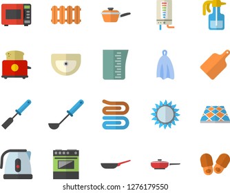 Color flat icon set sink flat vector, flooring, heating batteries, boiler, frying pan, saute, meashuring cup, electric kettle, ladle, kitchen spatula, towel, cutting board, stove, gas, microwave